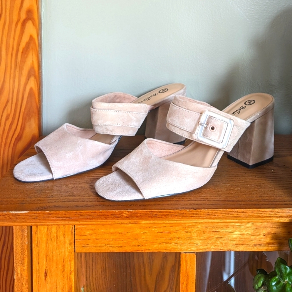 Suede, block heel sandals, NWOT